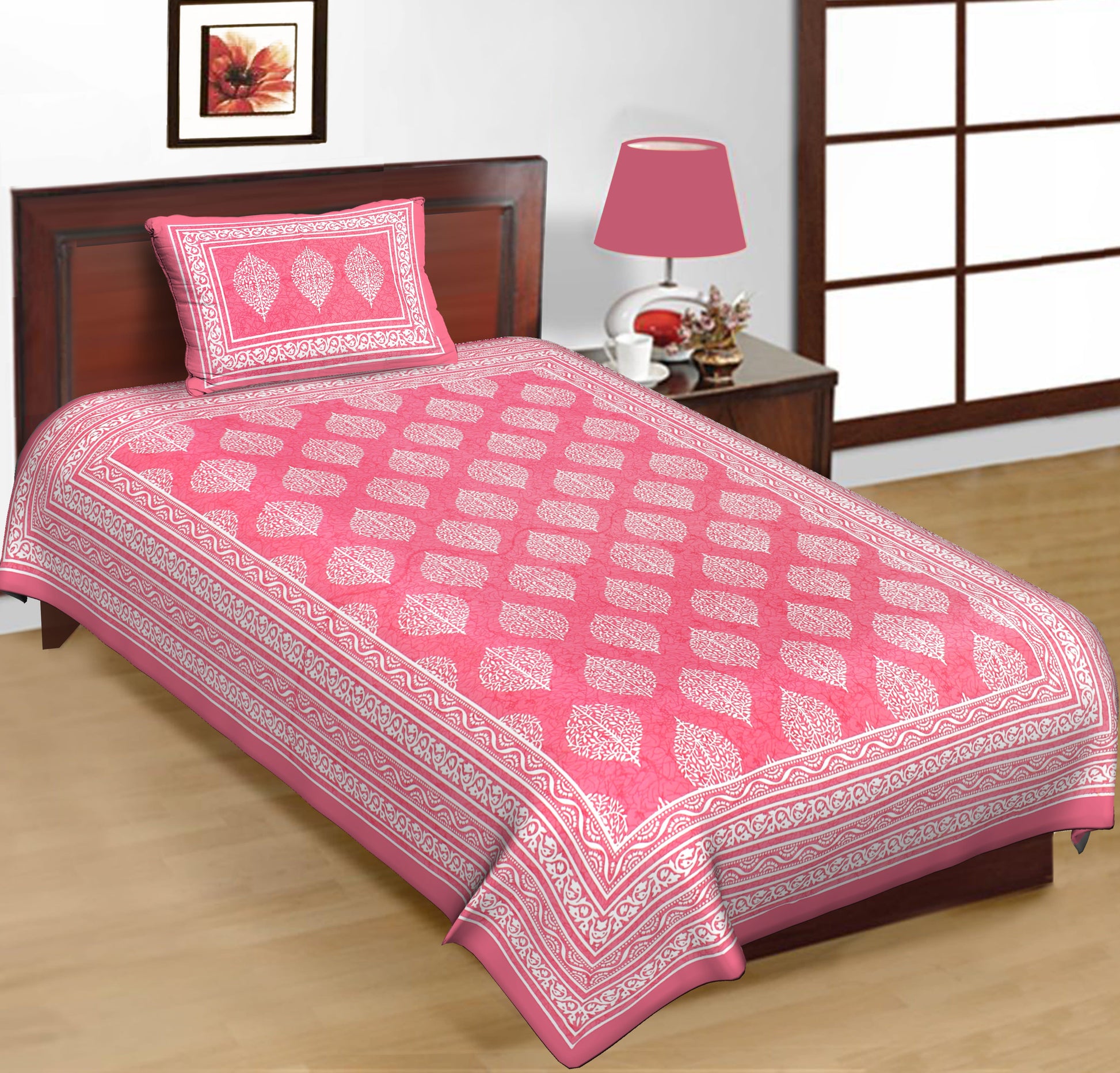Jaipuri Prints Cotton Single Bedsheet (Pink)
