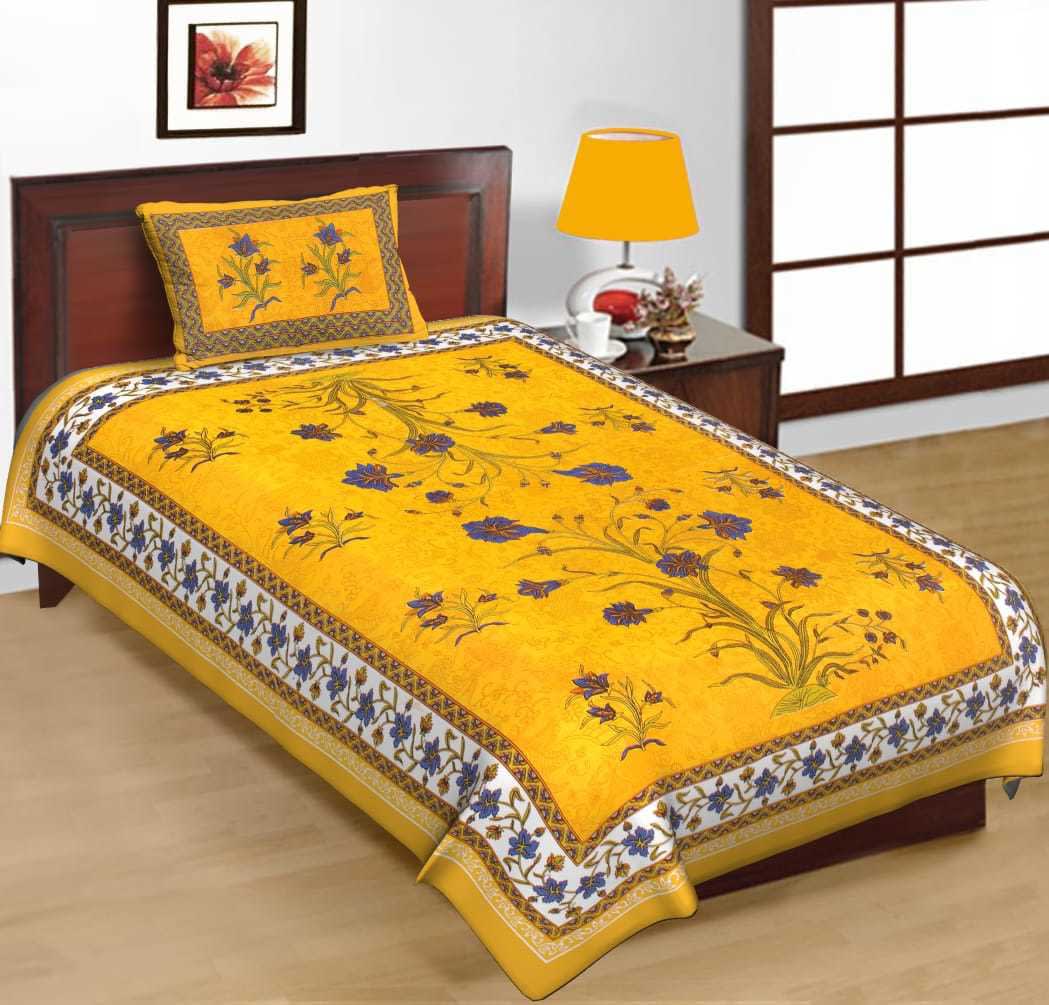 Jaipuri Prints Cotton Single Bedsheet (Yellow)