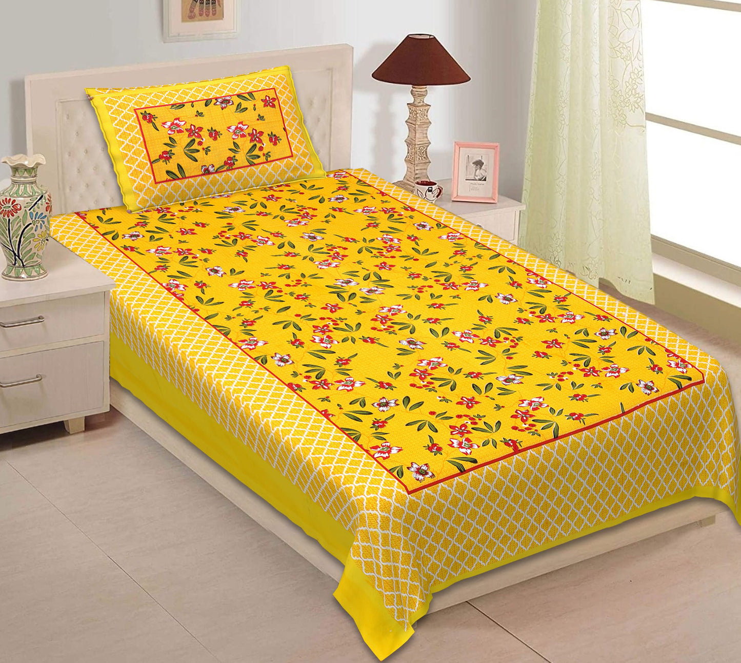 Jaipuri Prints Cotton Single Bedsheet (Yellow)