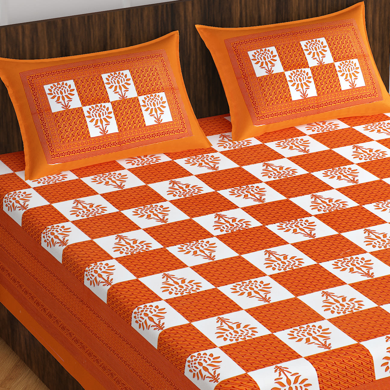 Jaipuri Prints Cotton Double Bedsheet (ORANGEE)