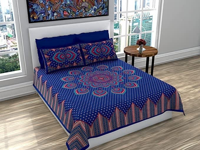 Cotton Printed Double Bedsheet (Blue)