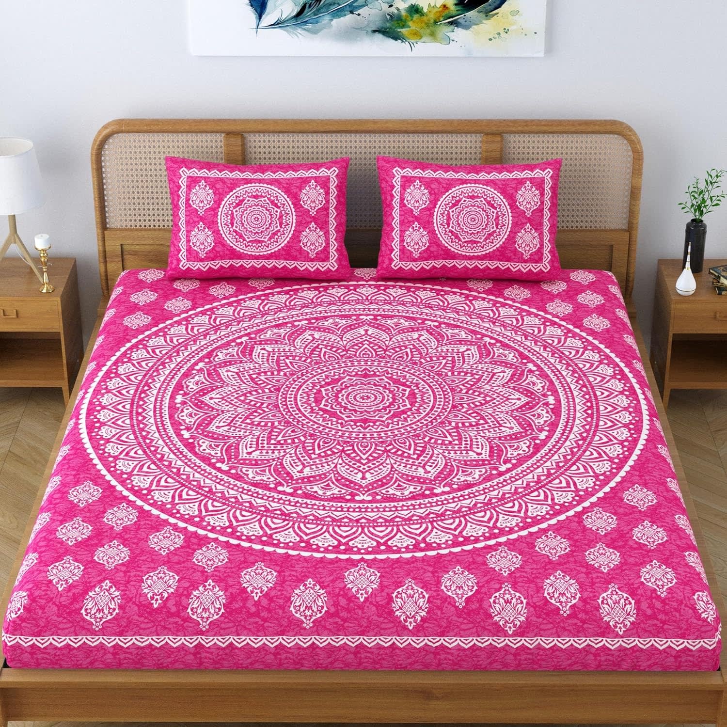 Traditional Mandala Jaipuri Printed Bedsheet (Pink)