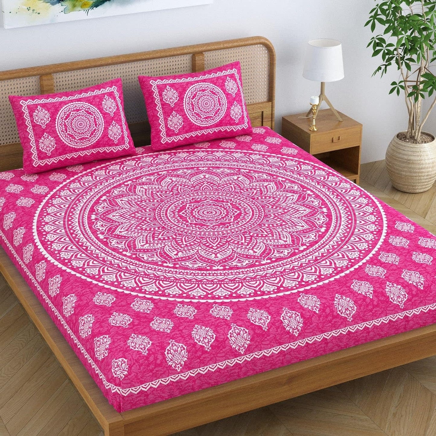 Traditional Mandala Jaipuri Printed Bedsheet (Pink)