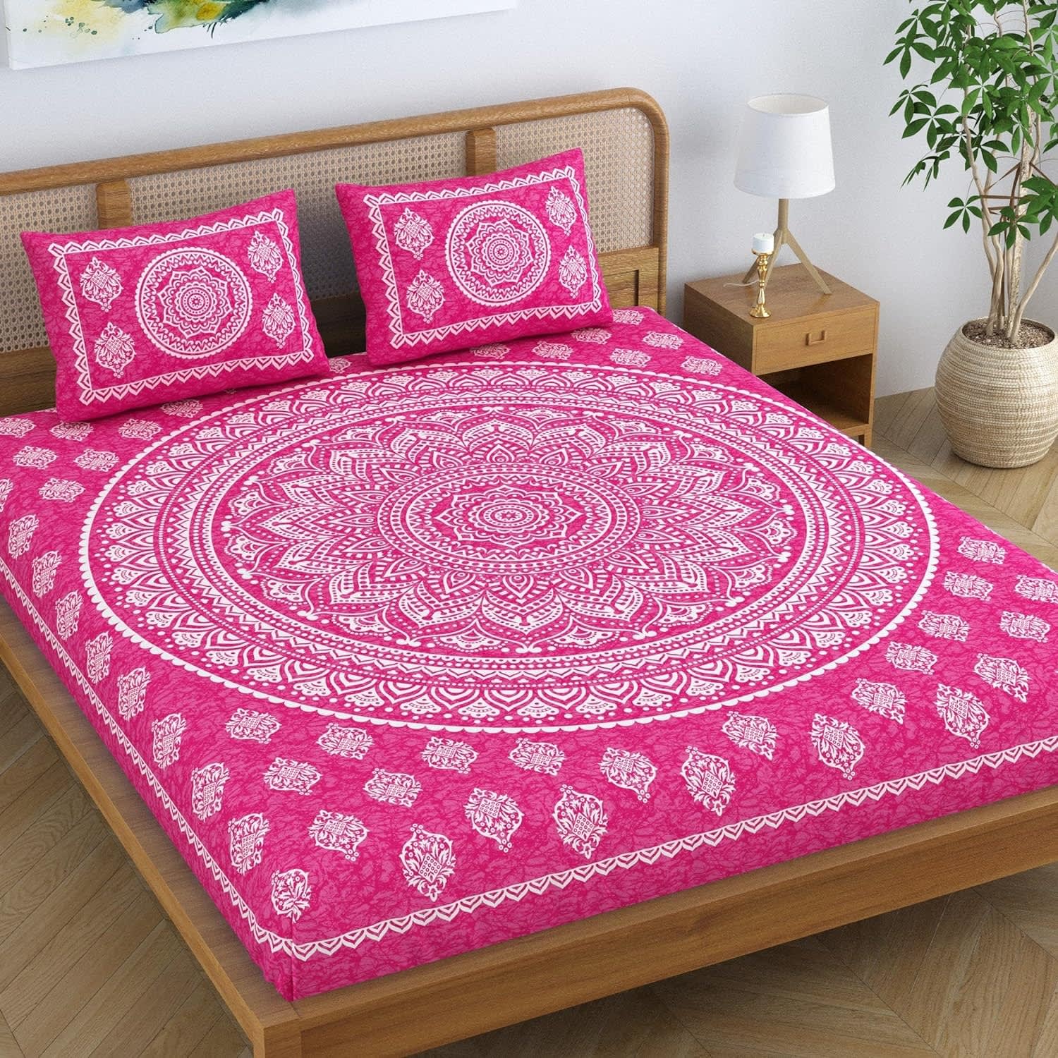 Traditional Mandala Jaipuri Printed Bedsheet (Pink)