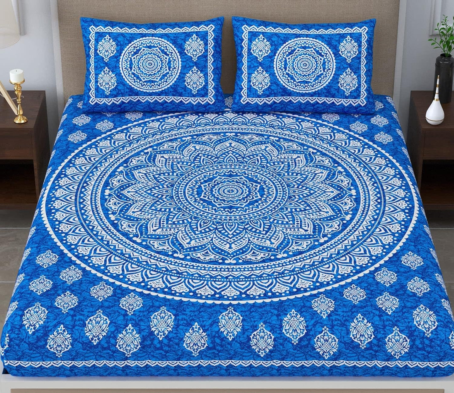 Traditional Mandala Jaipuri Printed Bedsheet ( Blue)