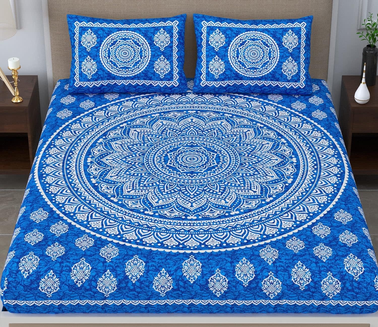 Traditional Mandala Jaipuri Printed Bedsheet ( Blue)