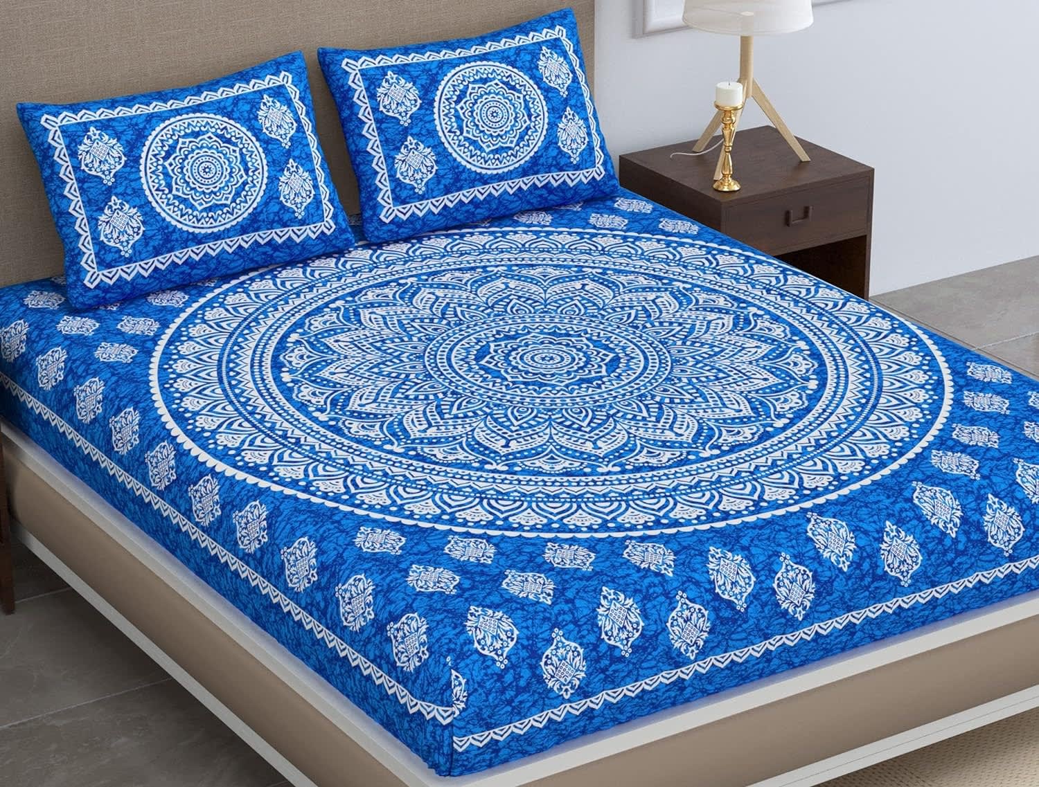 Traditional Mandala Jaipuri Printed Bedsheet ( Blue)