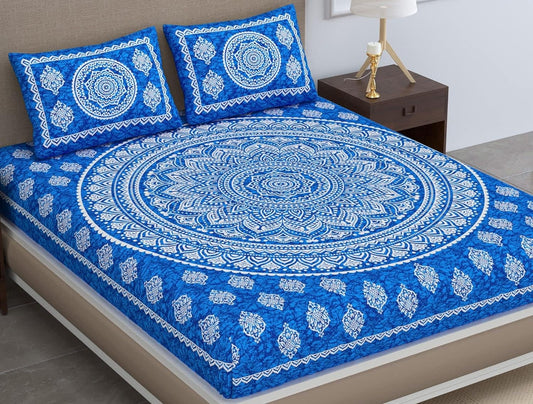 Traditional Mandala Jaipuri Printed Bedsheet ( Blue)