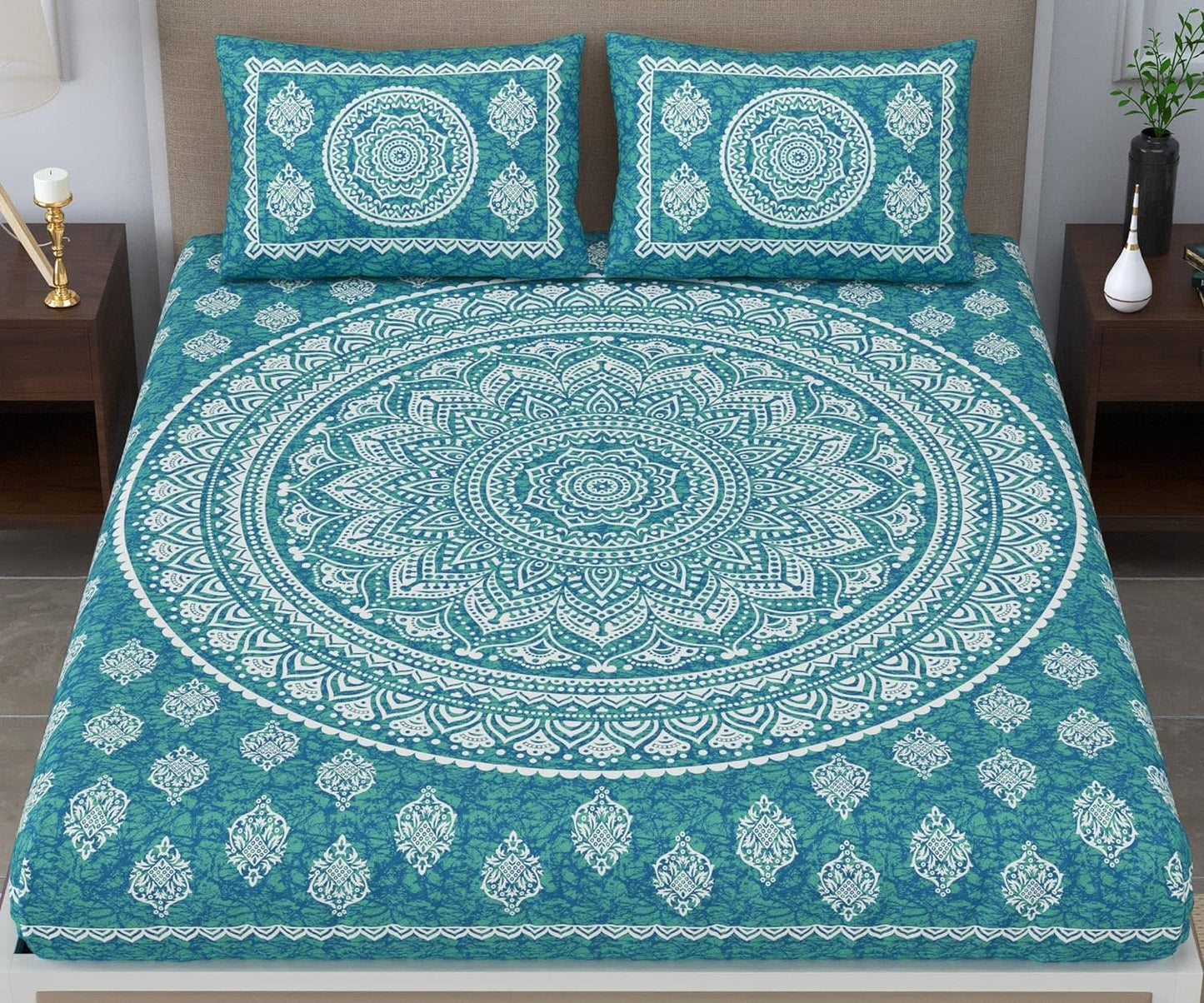 Traditional Mandala Jaipuri Printed Bedsheet ( c-green)