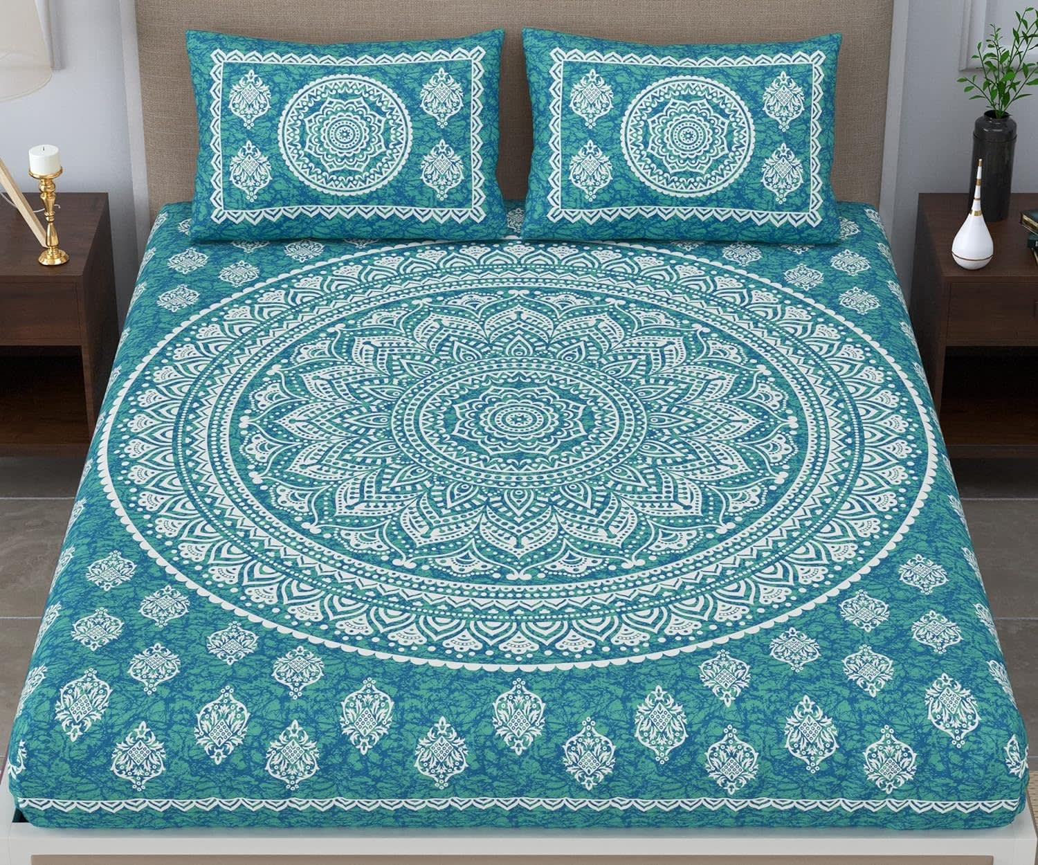 Traditional Mandala Jaipuri Printed Bedsheet ( c-green)