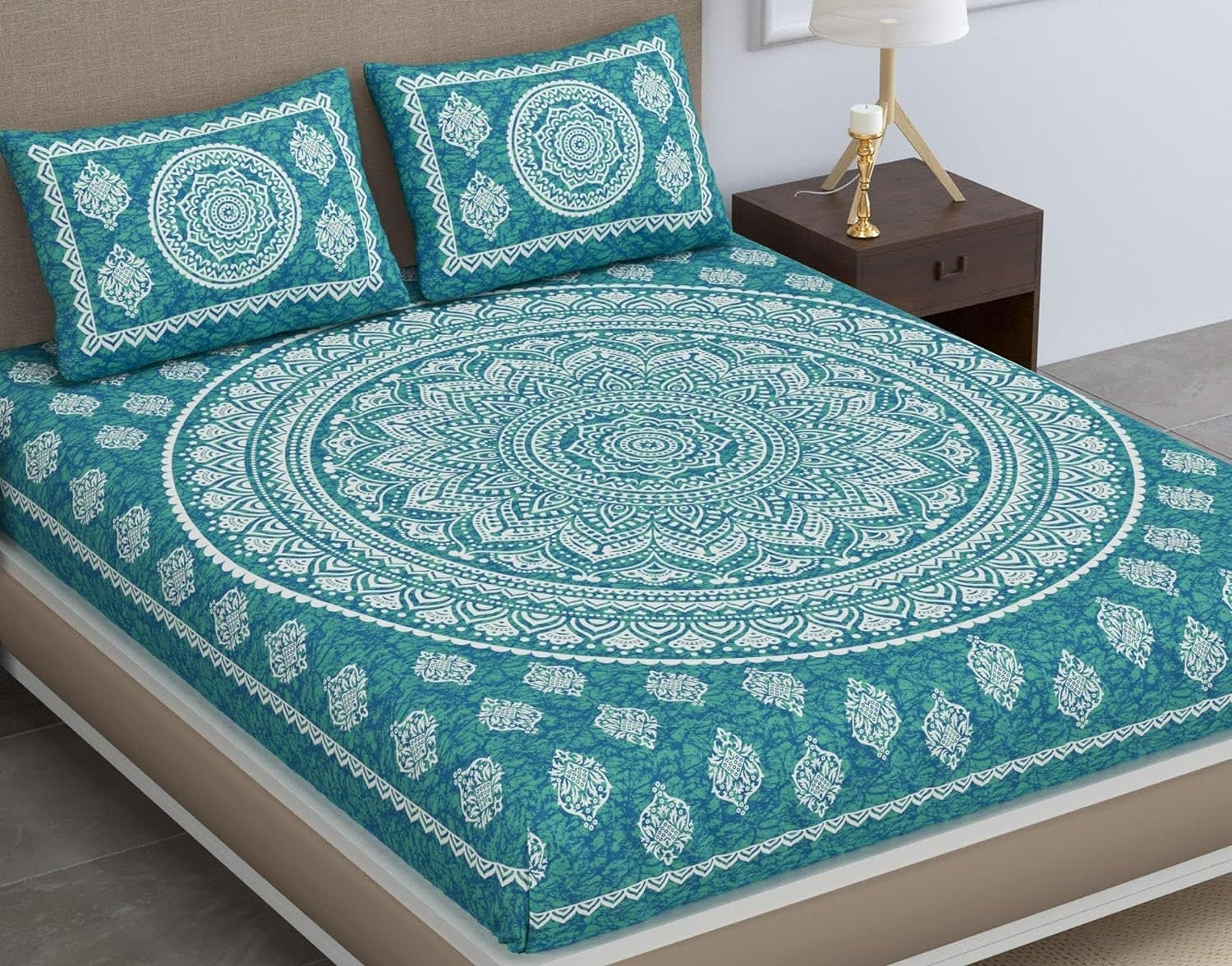 Traditional Mandala Jaipuri Printed Bedsheet ( c-green)