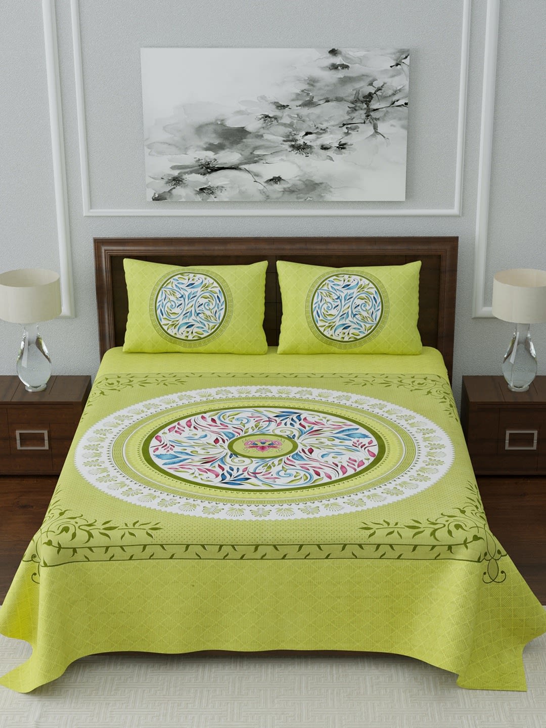 Jaipuri Prints Cotton Double Bedsheet (Green)