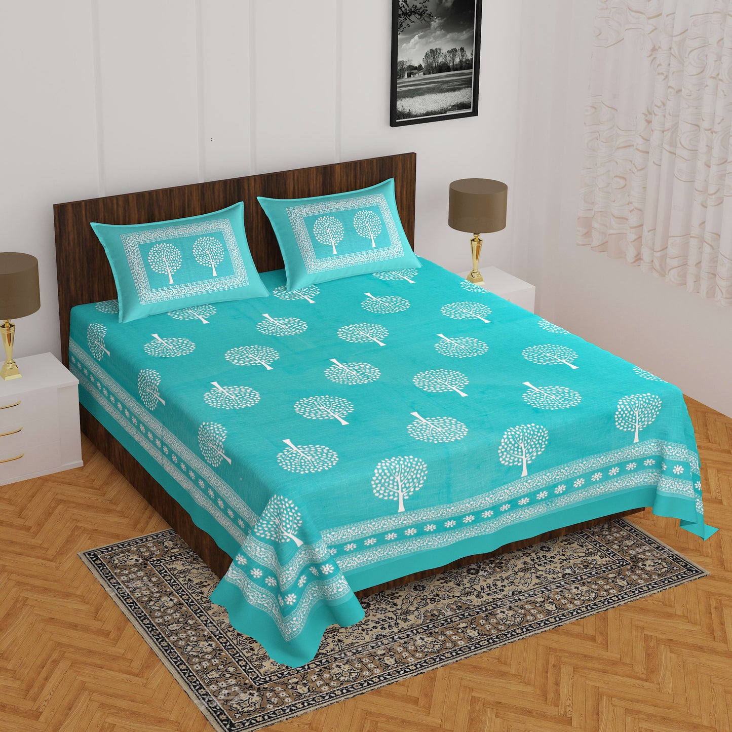Jaipuri Prints Cotton Double Bedsheet (Green)