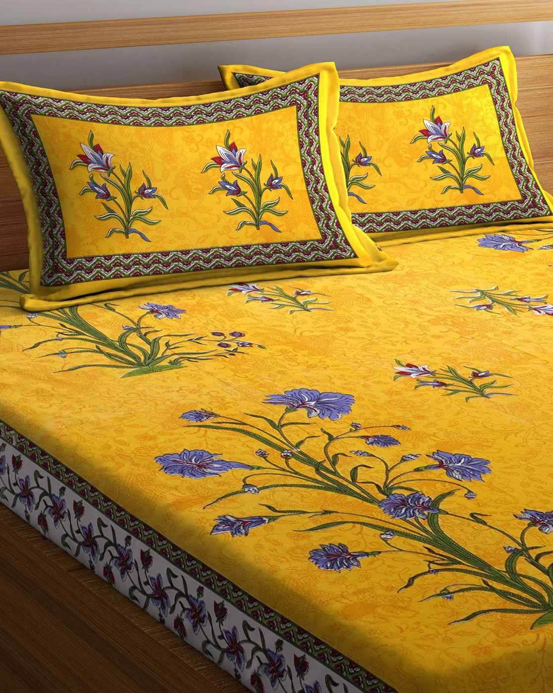 100% Cotton Printed Double Bedsheet (Yellow)