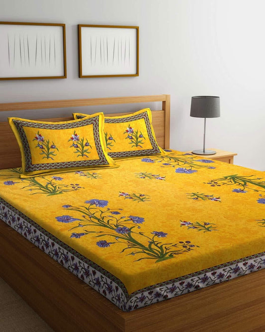 100% Cotton Printed Double Bedsheet (Yellow)
