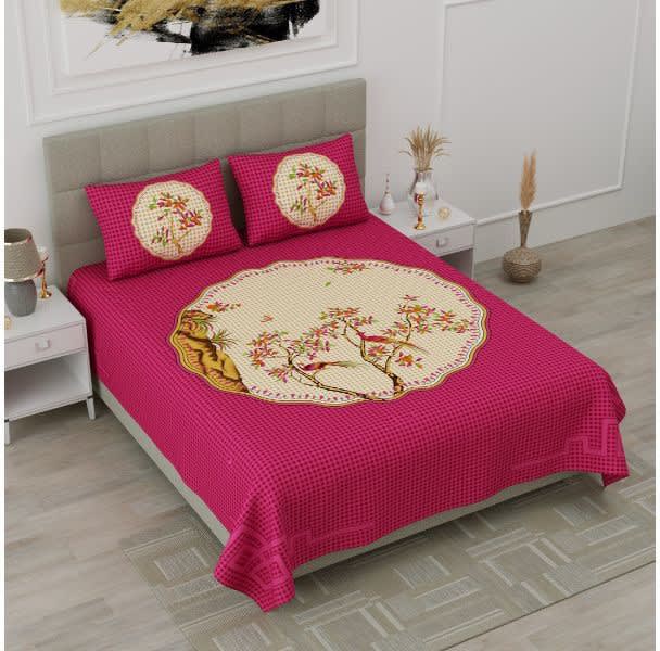 Jaipuri Prints Cotton Double Bedsheet (Pink)