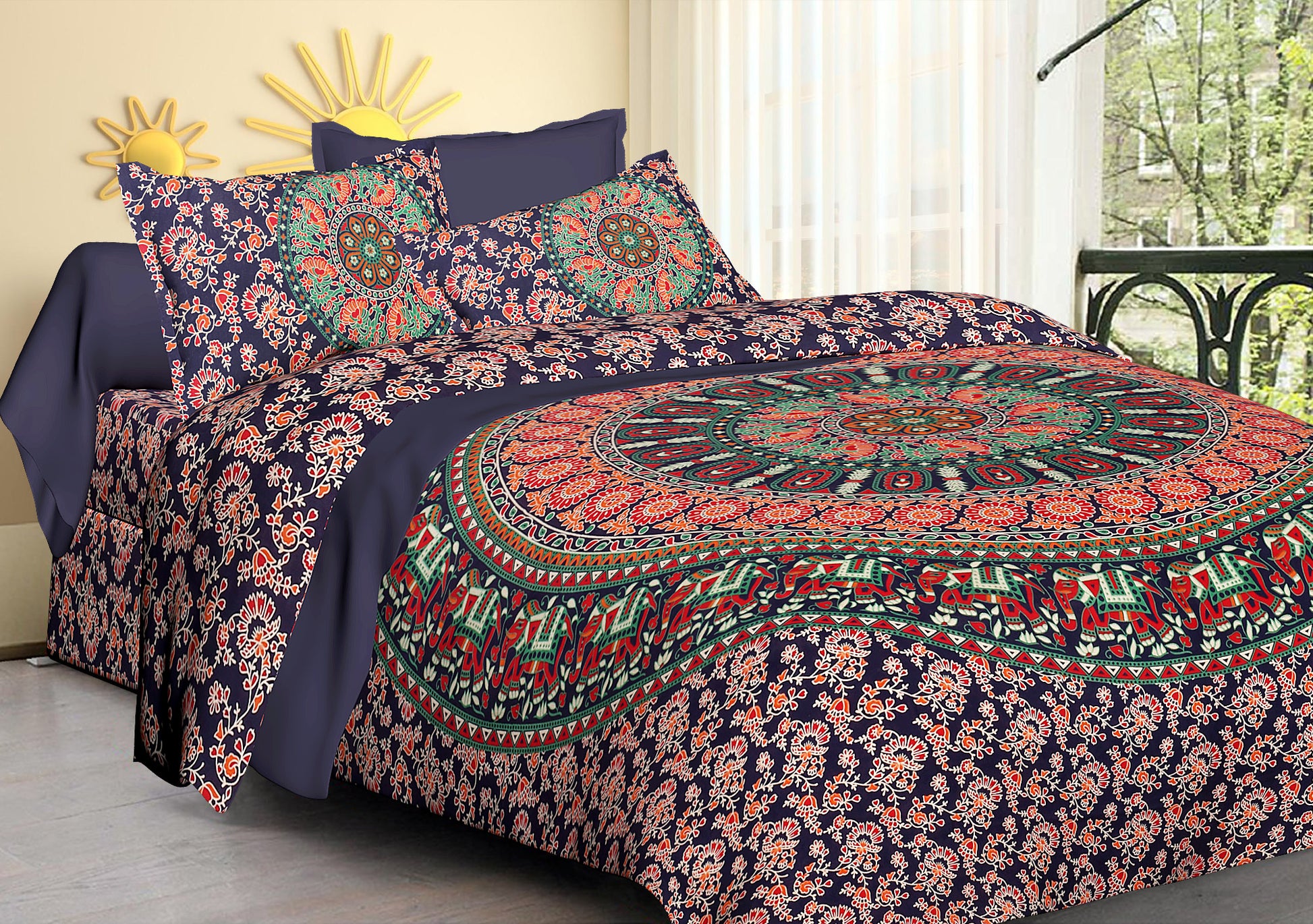 Jaipuri Prints Cotton 100% King Bedsheet ( Multicolor)