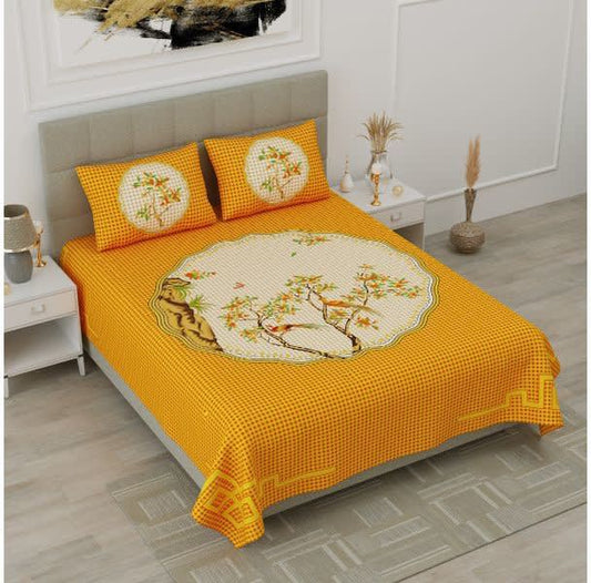100% Cotton Floral Double Bedsheet (Yellow)