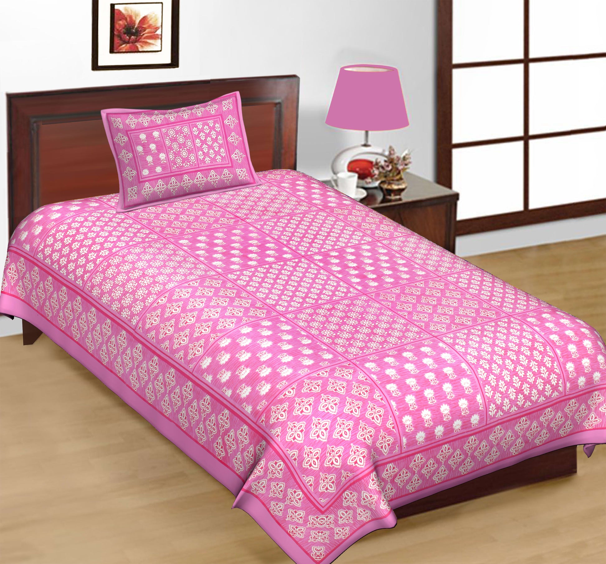 Jaipuri Prints Cotton Single Bedsheet With 1 Pillow Cover
