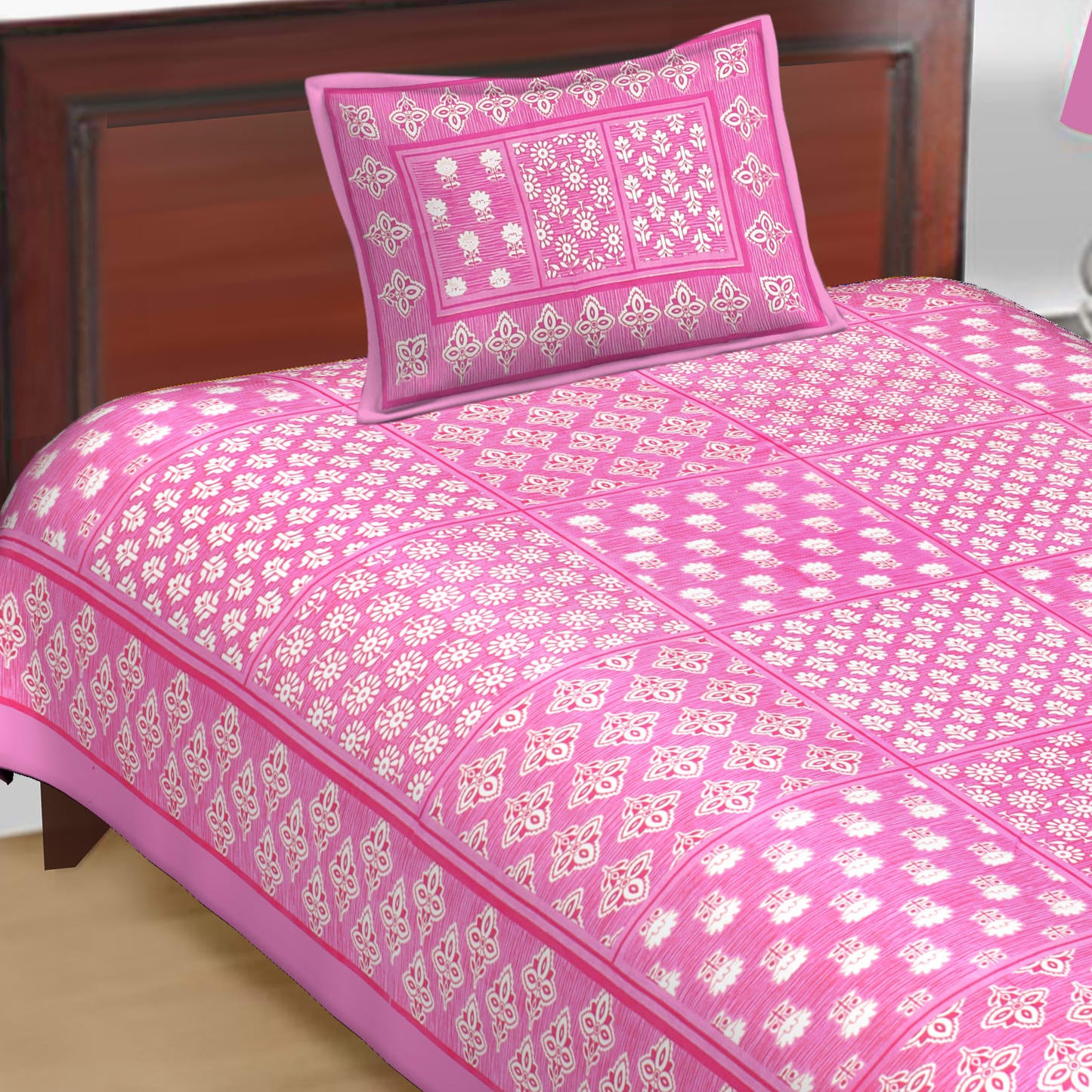 Jaipuri Prints Cotton Single Bedsheet With 1 Pillow Cover