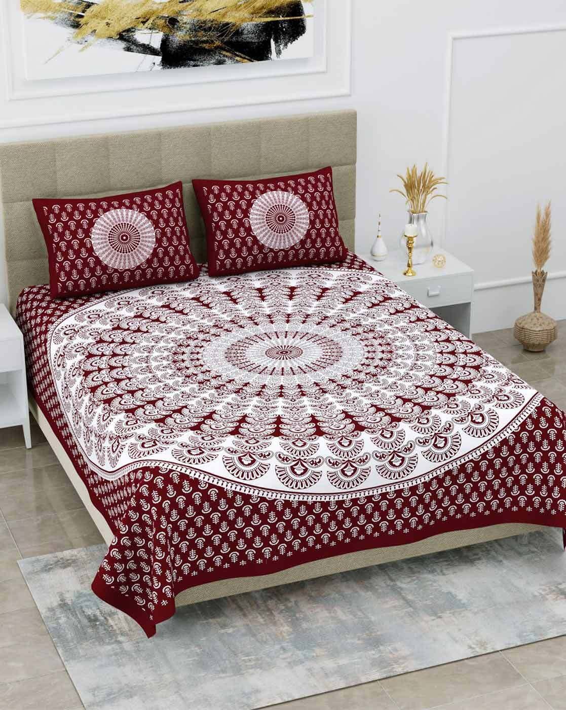Jaipur Print  Cotton Double Printed Flat Bedsheet  (Pack of 1, Maroon)
