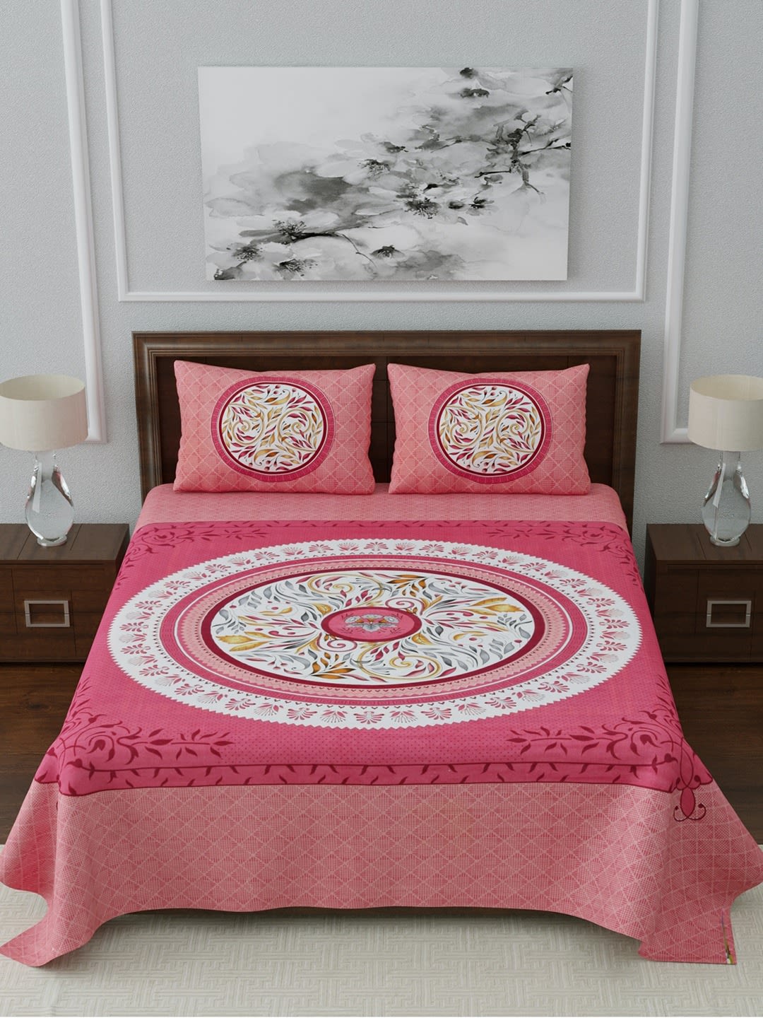 Jaipuri Prints Cotton Double Bedsheet (Pink)