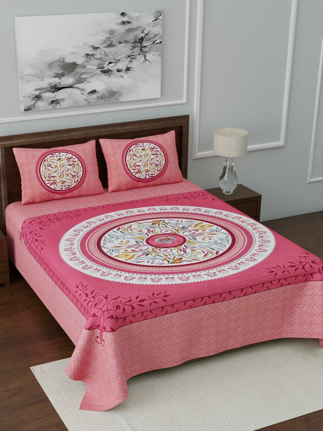 Jaipuri Prints Cotton Double Bedsheet (Pink)