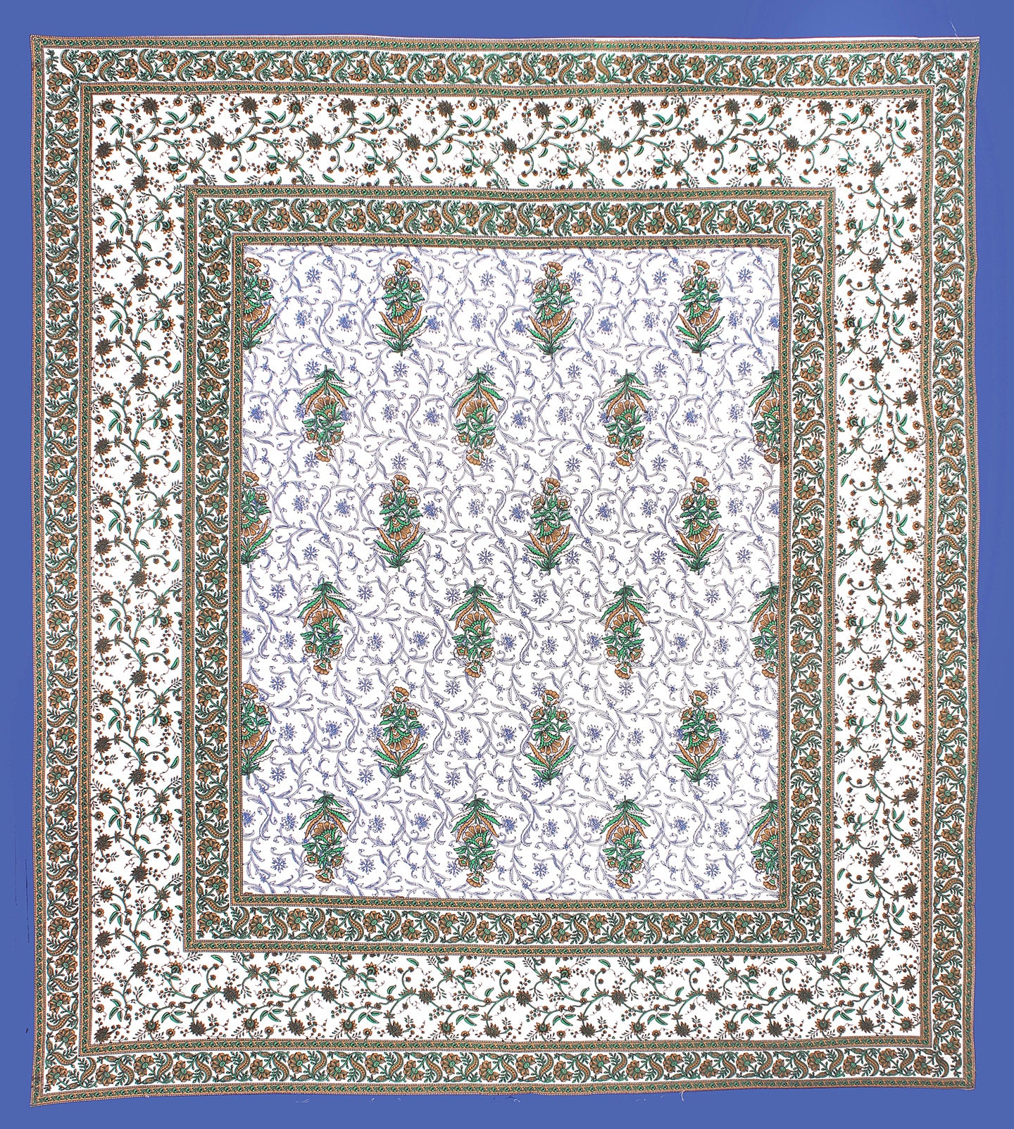 White & Blue Floral  Cotton  Double Bedsheet With 2 Pillow Covers