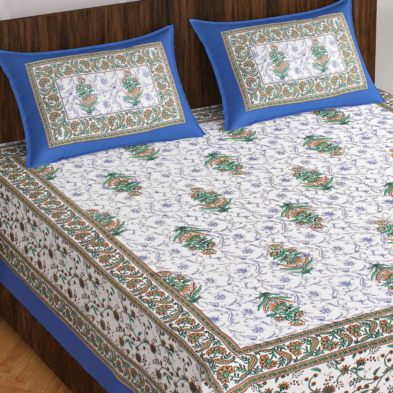White & Blue Floral  Cotton  Double Bedsheet With 2 Pillow Covers
