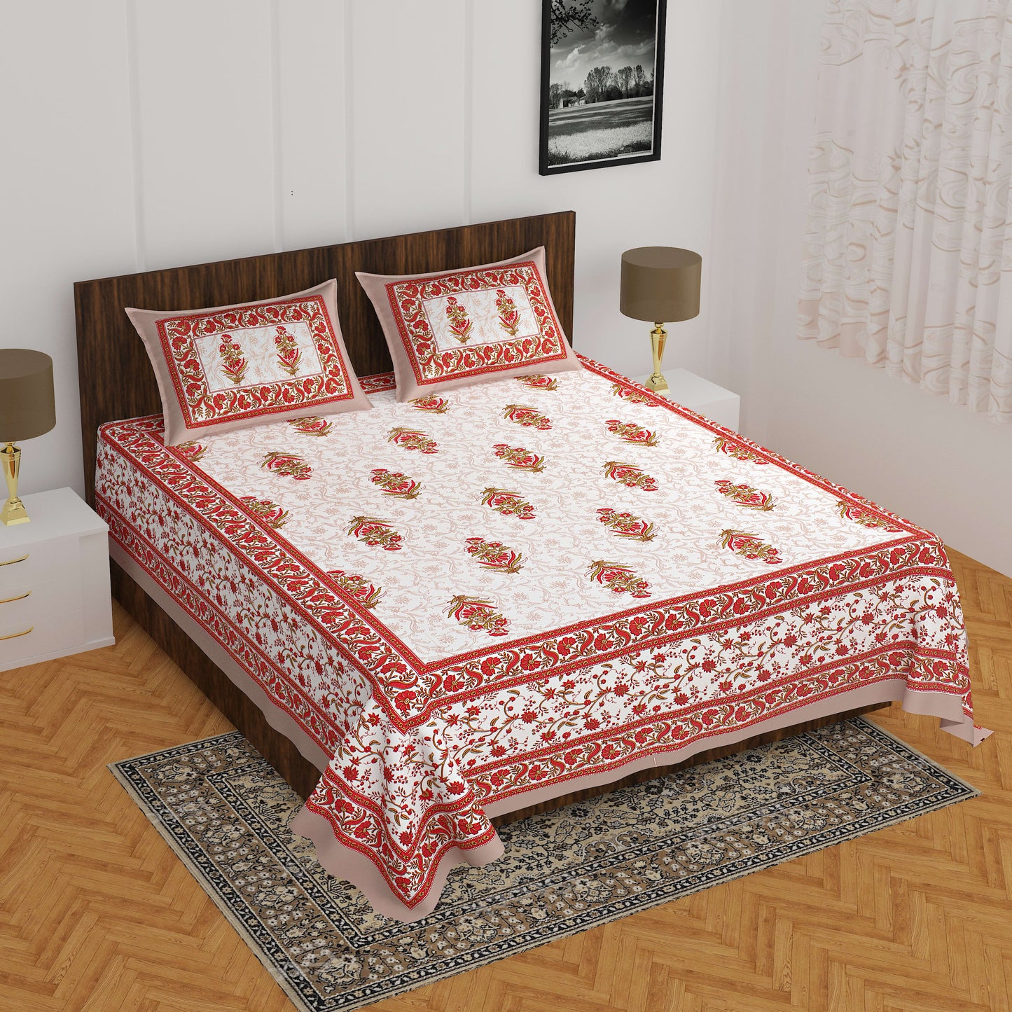 White & Brown Floral  Cotton  Double Bedsheet With 2 Pillow Covers