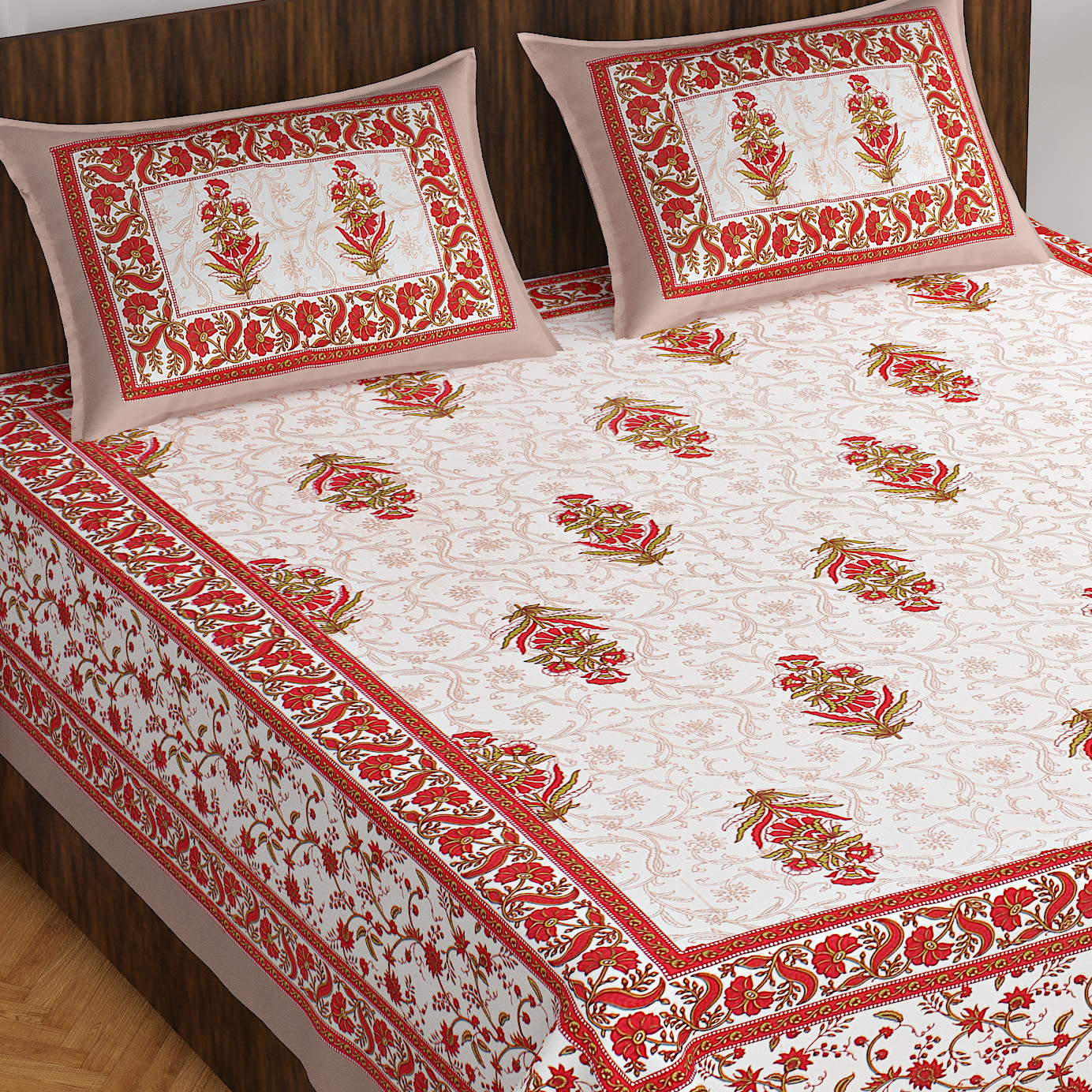 White & Brown Floral  Cotton  Double Bedsheet With 2 Pillow Covers