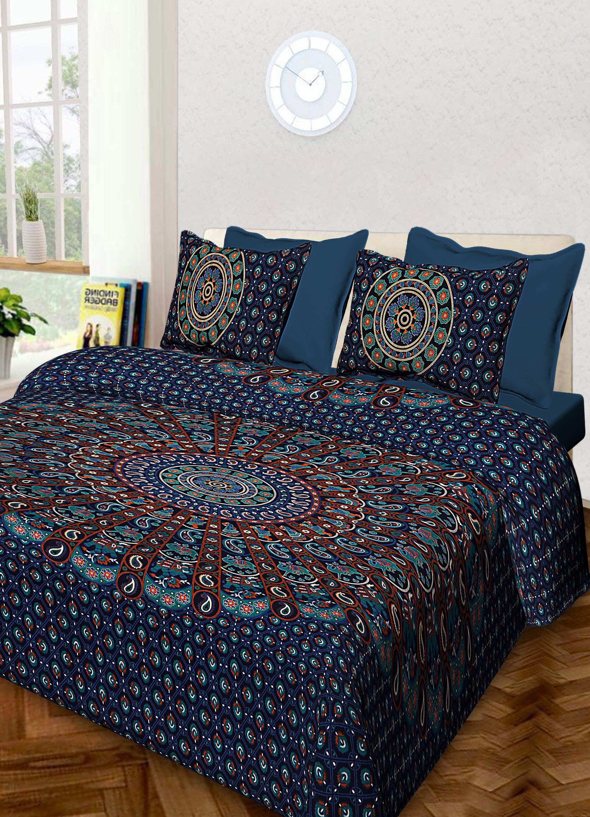 100% Cotton Printed King Bedsheet (Blue)
