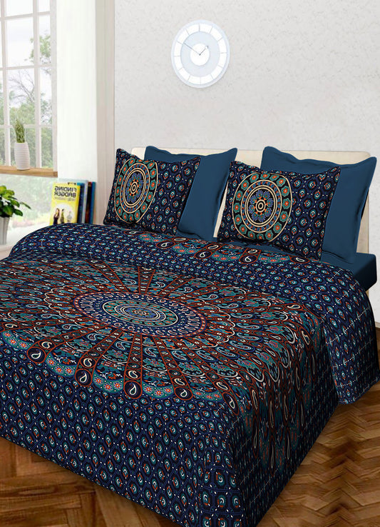100% Cotton Printed King Bedsheet (Blue)