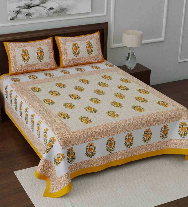 100% Cotton Floral Double Bedsheet (Yellow)
