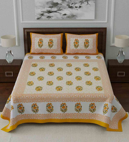 100% Cotton Floral Double Bedsheet (Yellow)