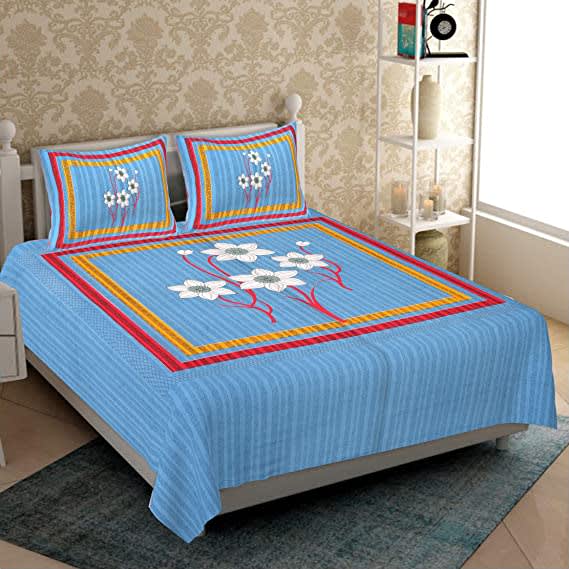 100% Cotton Printed Double Bedsheet (Blue)
