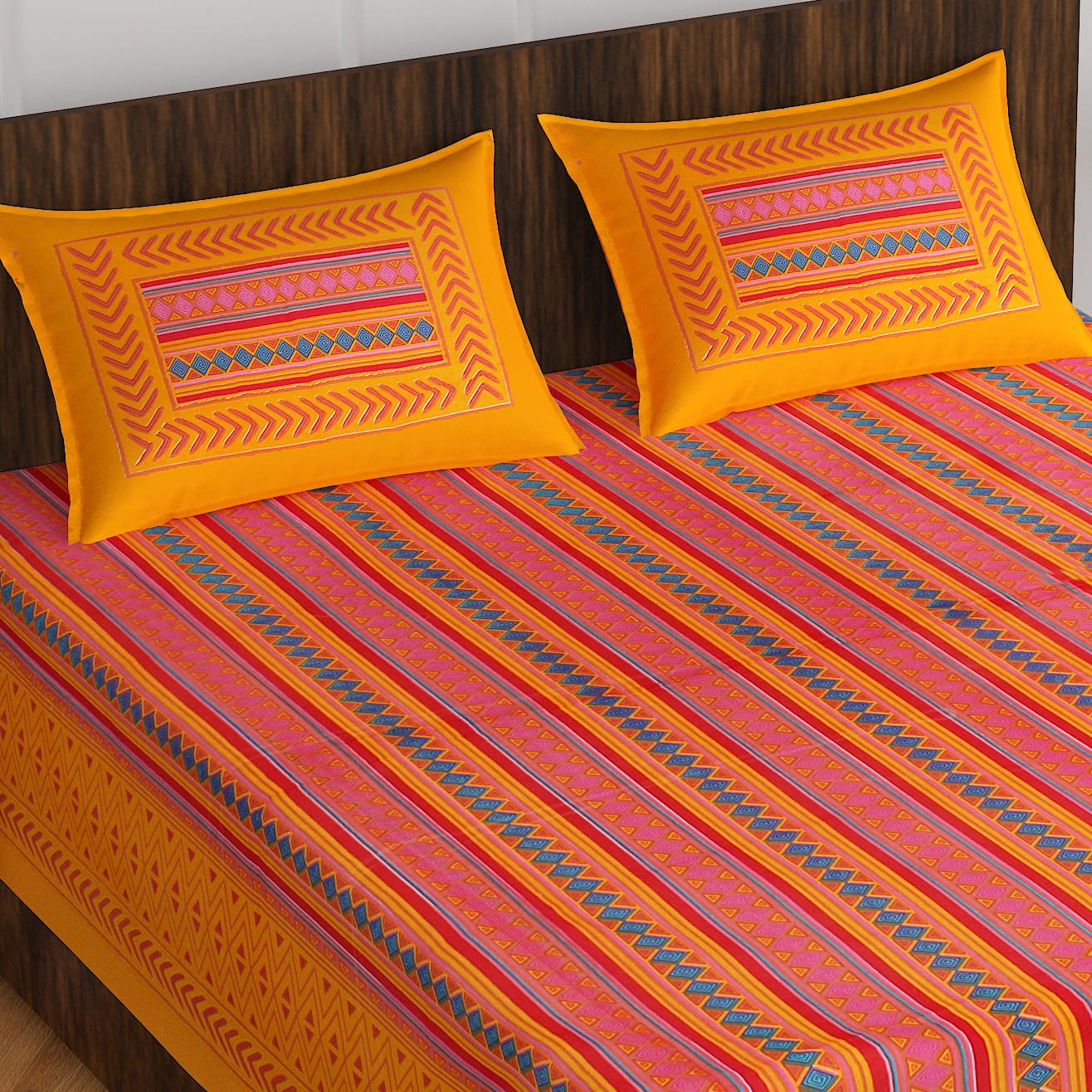 Jaipuri Prints Cotton Double Bedsheet (Orange)