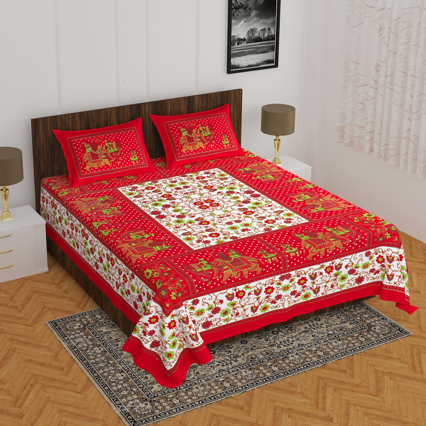 Jaipuri Prints Cotton Double Bedsheet (Red)