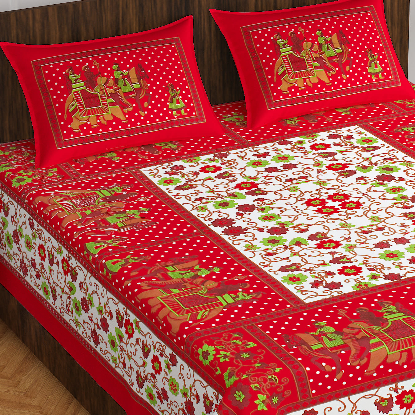 Jaipuri Prints Cotton Double Bedsheet (Red)