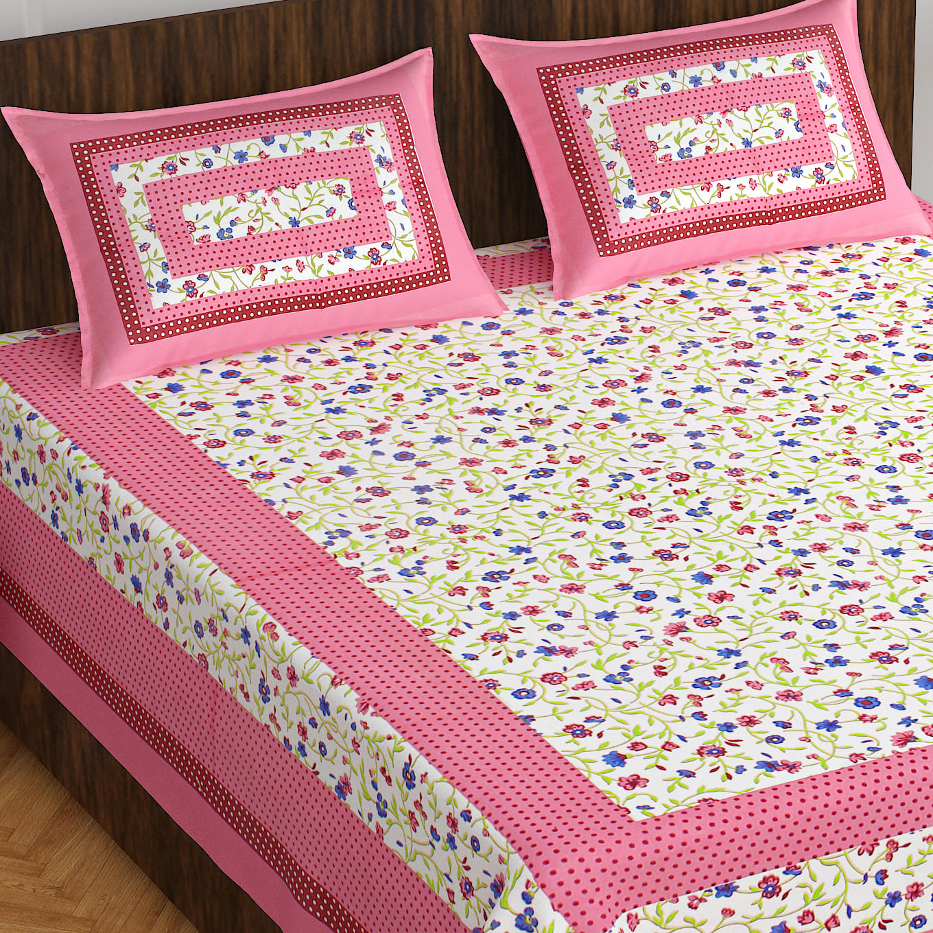 Jaipuri Prints Cotton Double Bedsheet (Pink)