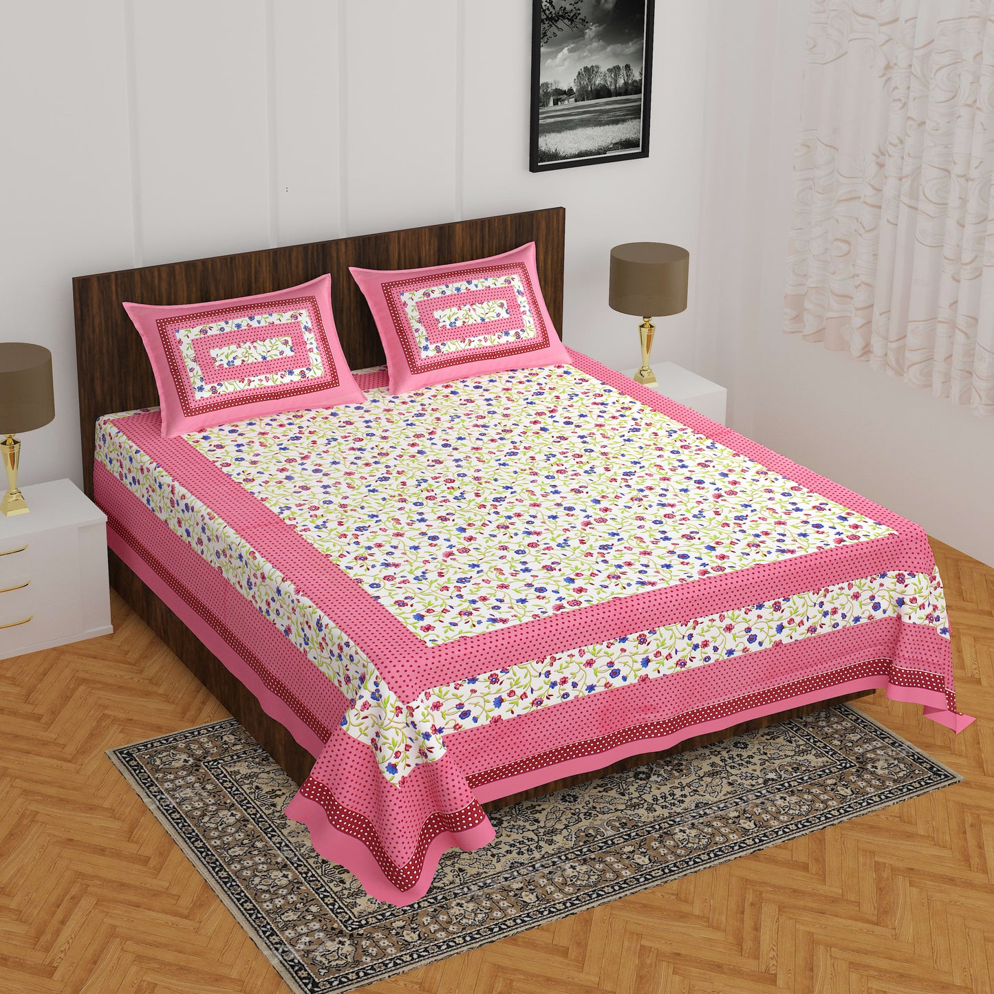 Jaipuri Prints Cotton Double Bedsheet (Pink)