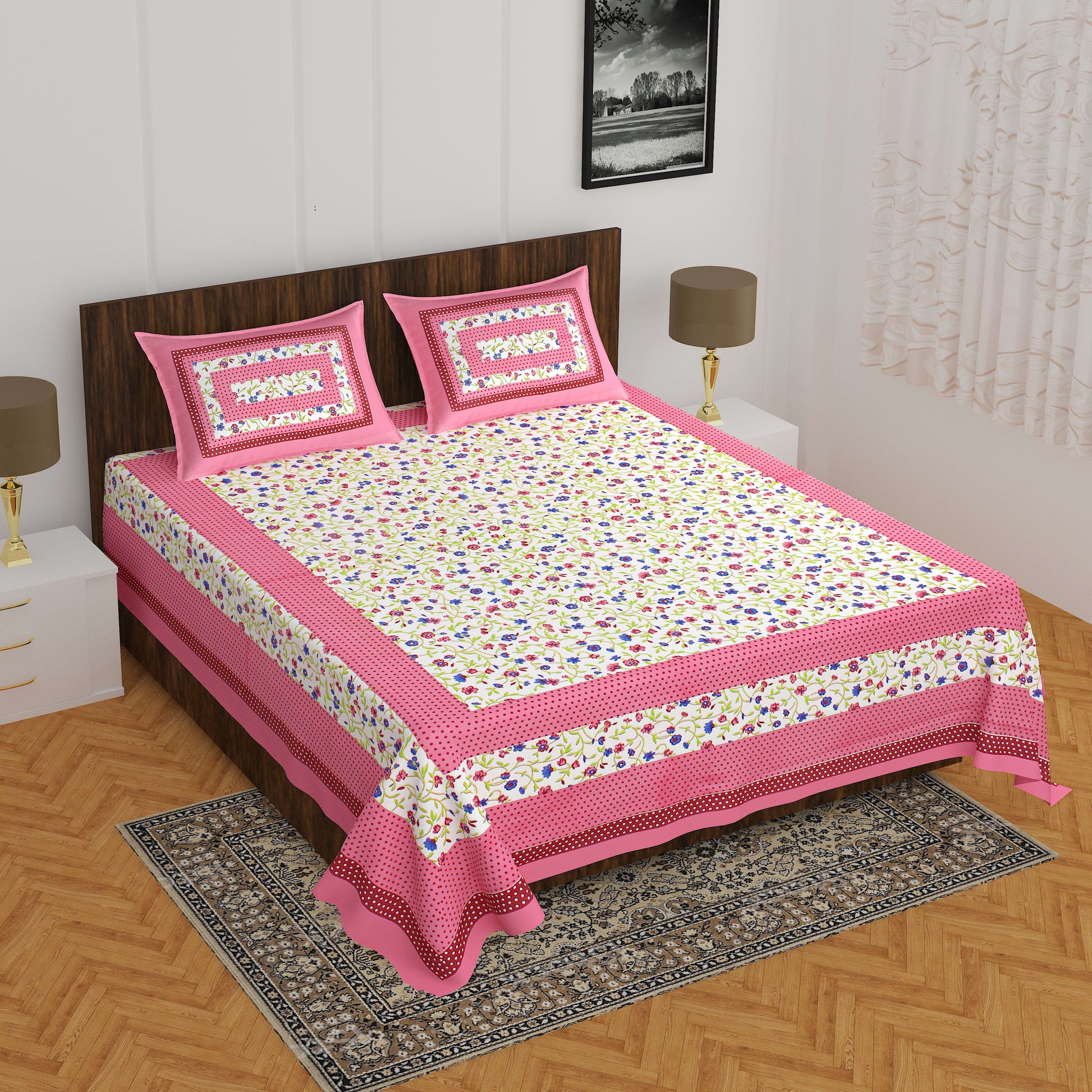 Jaipuri Prints Cotton Double Bedsheet (Pink)
