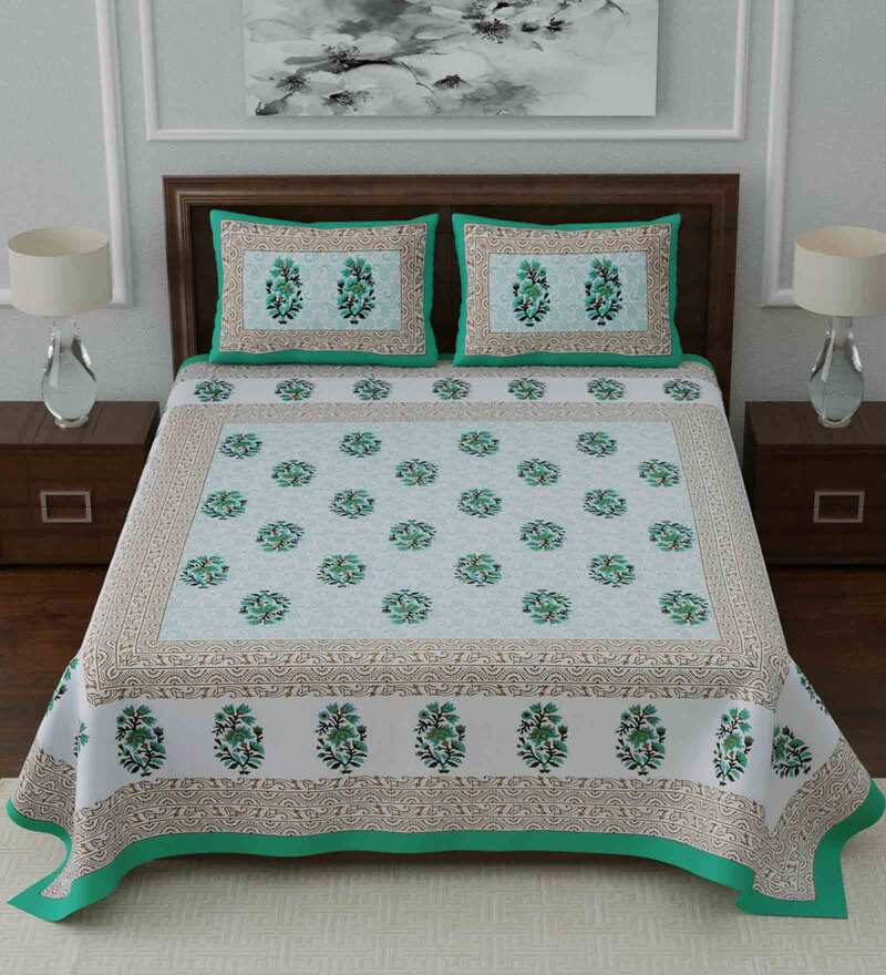 Jaipuri Prints Cotton Double Bedsheet (Green)