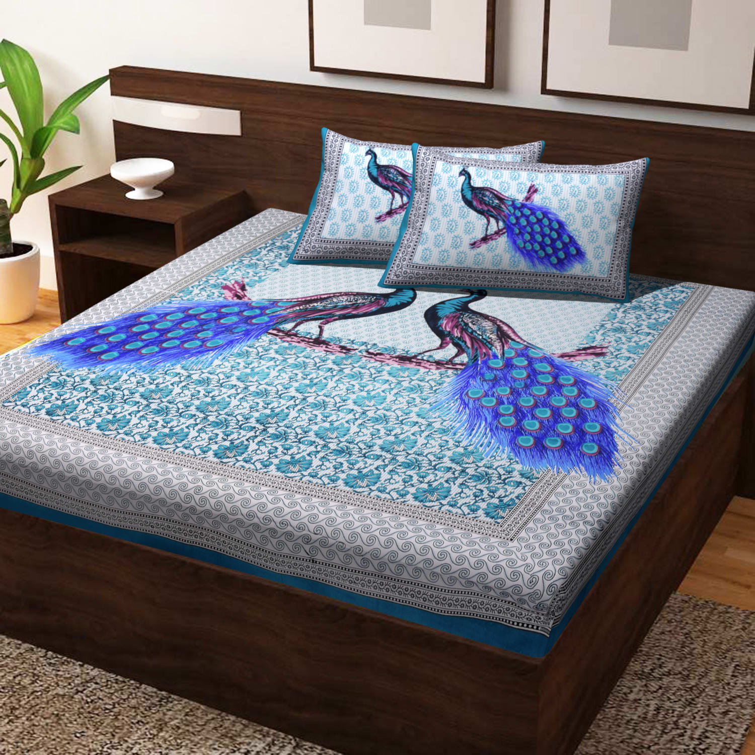 Jaipuri Prints Cotton Double Bedsheet (Green)