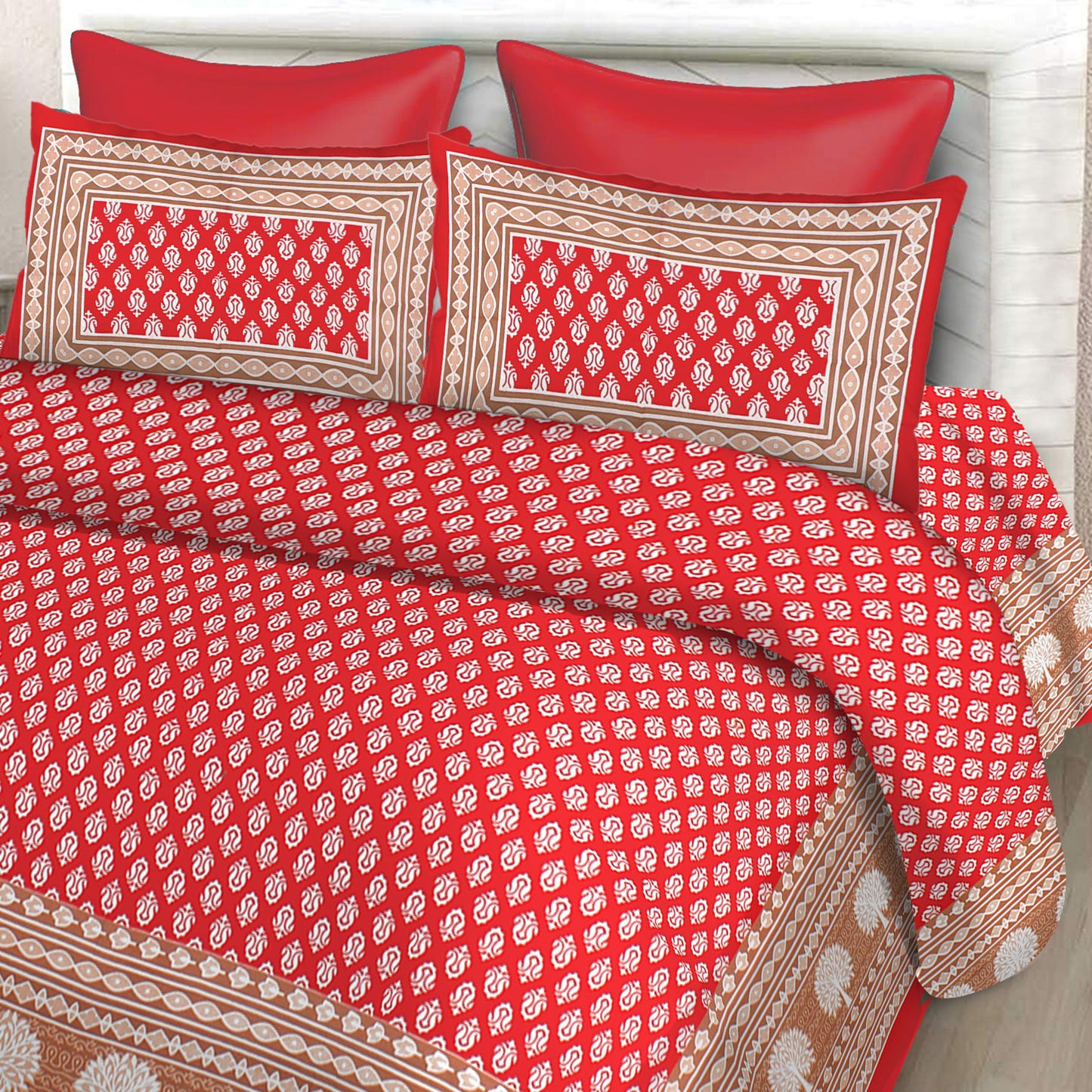 100% Cotton Printed Double Bedsheet (Red)