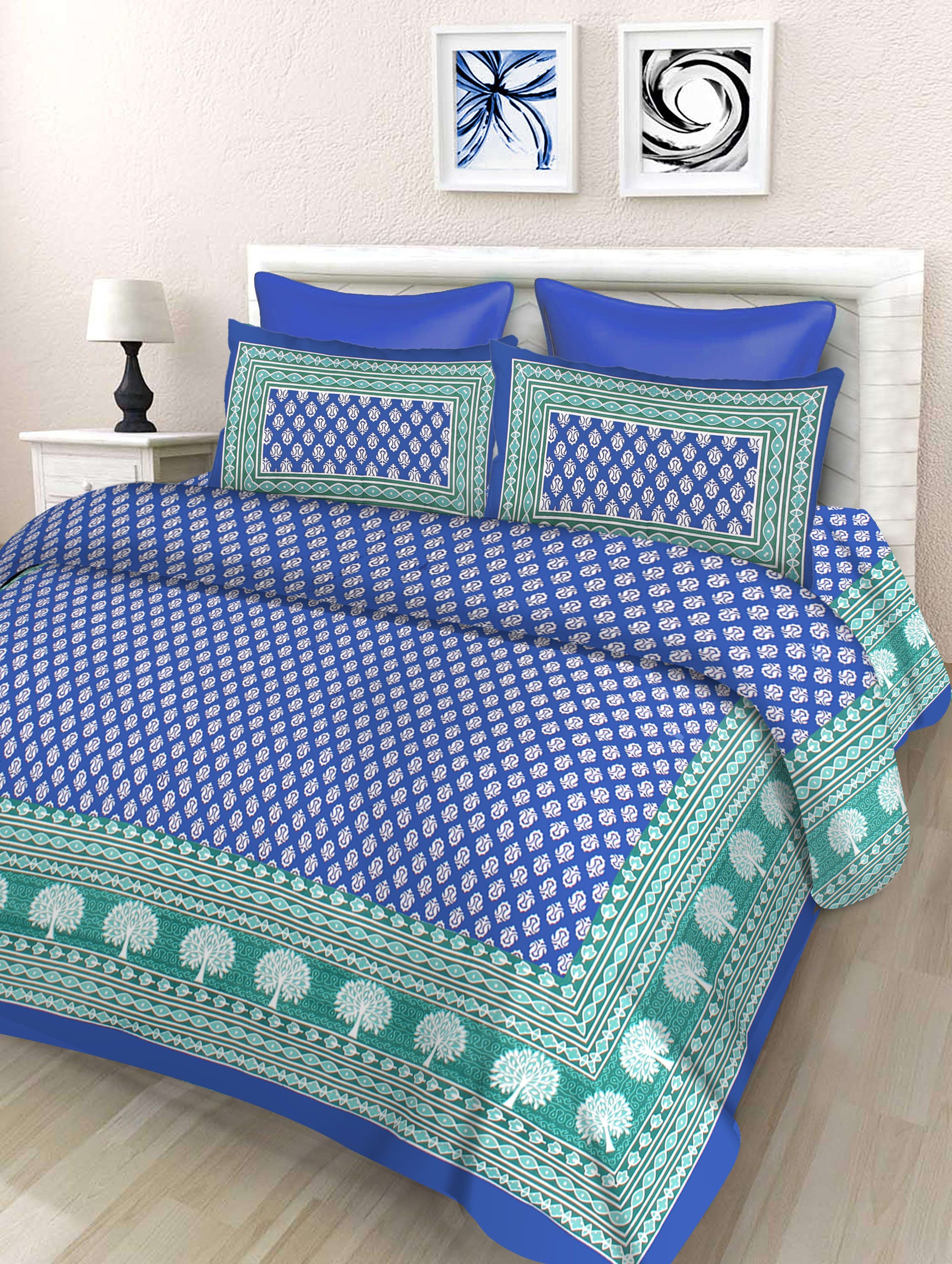 100% Cotton Printed Double Bedsheet (Blue)