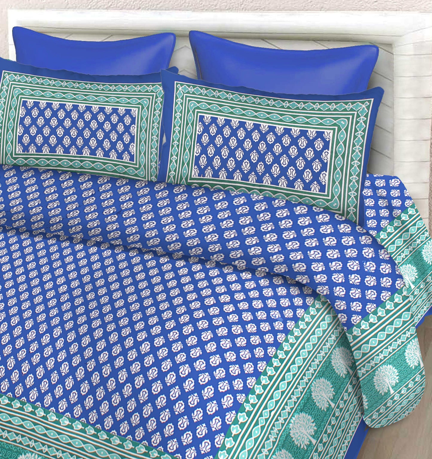 100% Cotton Printed Double Bedsheet (Blue)