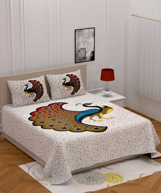 Cotton  Peacock Printed Double Bedsheet (Blue)