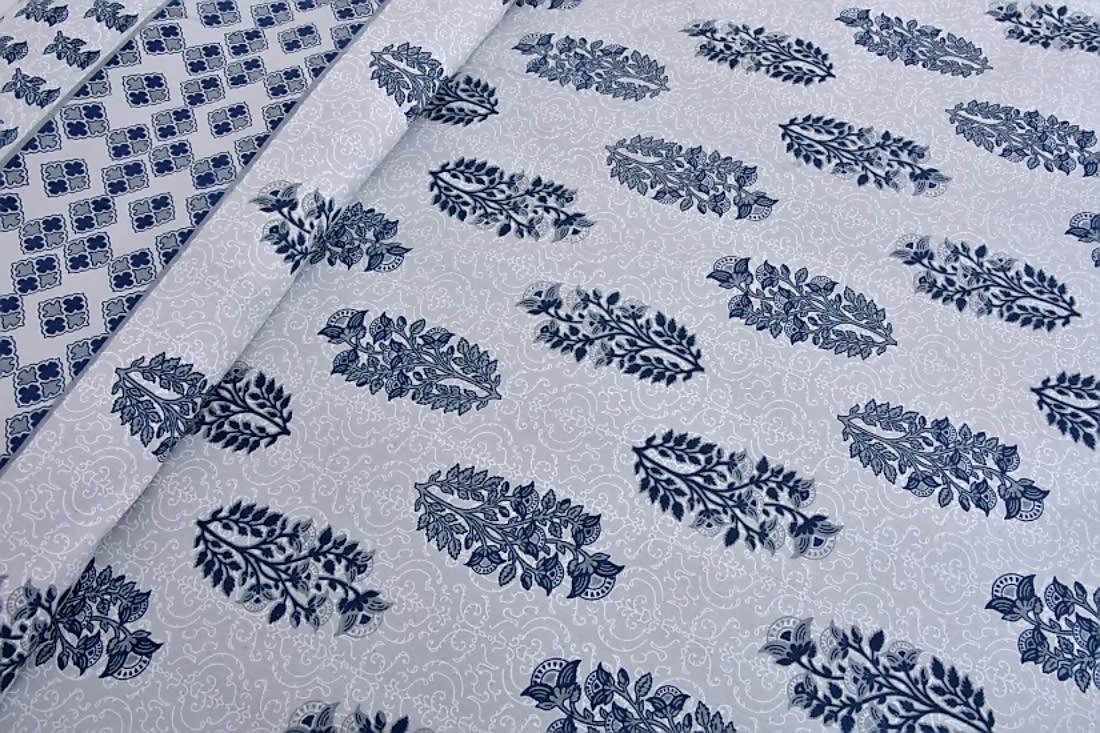 Jaipuri Prints Cotton Double Bedsheet (Grey , Blue)