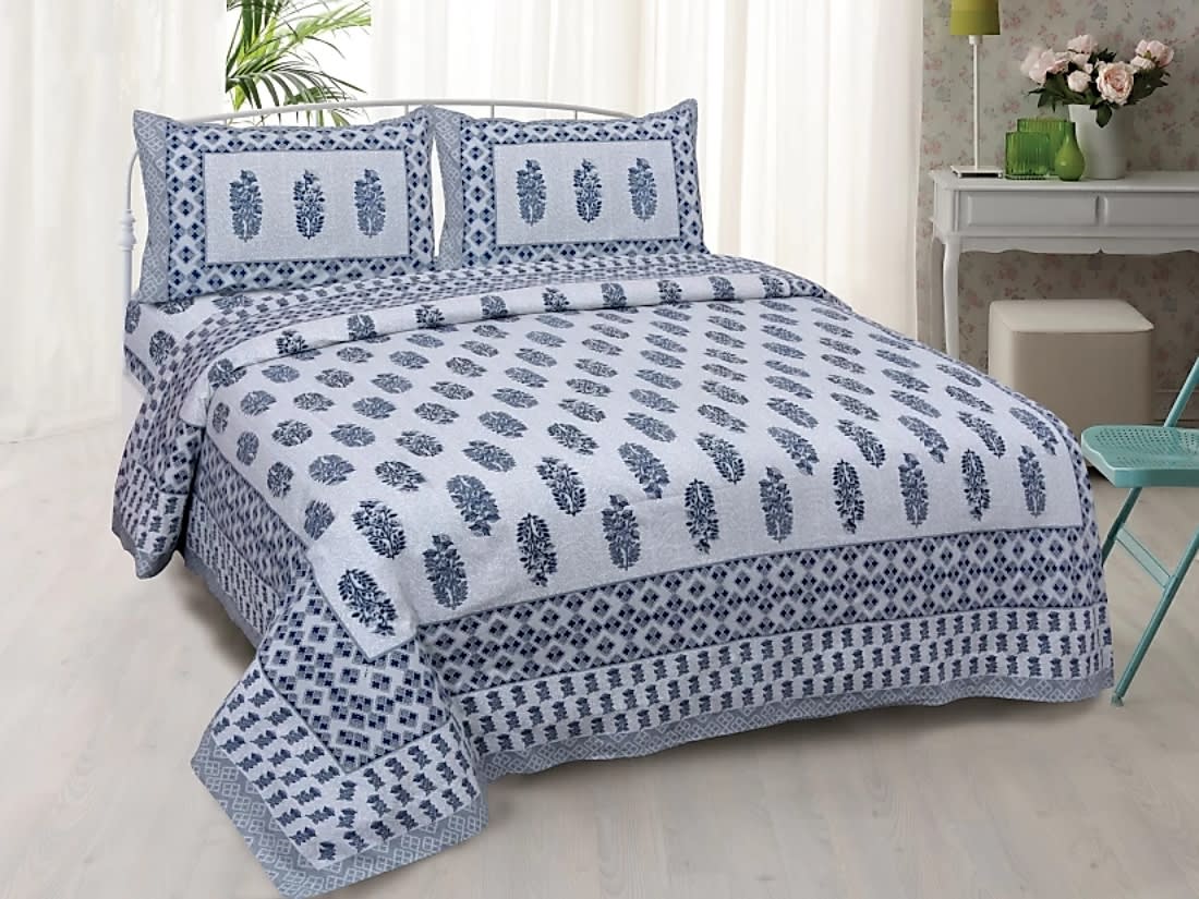 Jaipuri Prints Cotton Double Bedsheet (Grey , Blue)